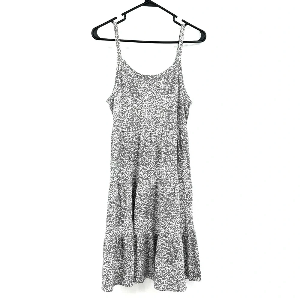 Garnet Hill size small sleeveless tiered dress white gray leopard print‎ cotton